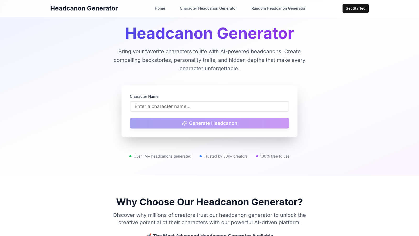 Headcanon Generator application interface and features