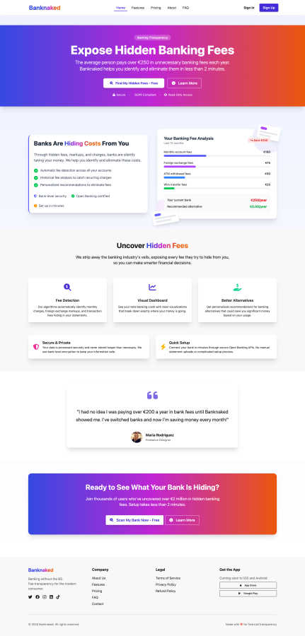 Banknaked application interface and features
