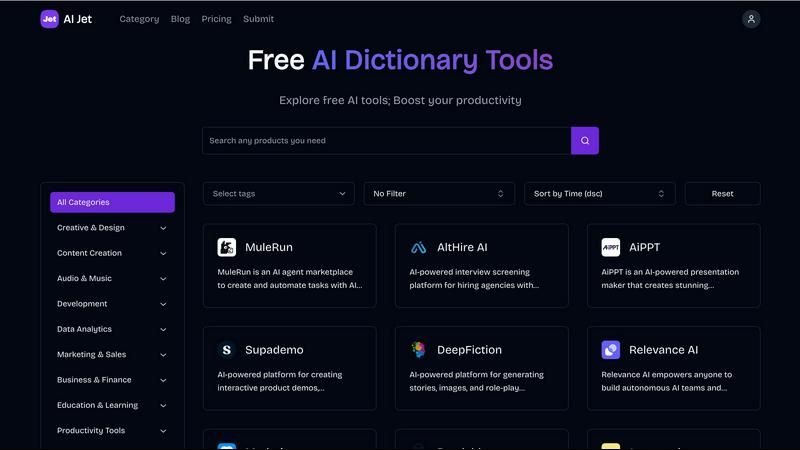 Free AI Tools list Best Directory for AIJet application interface and features