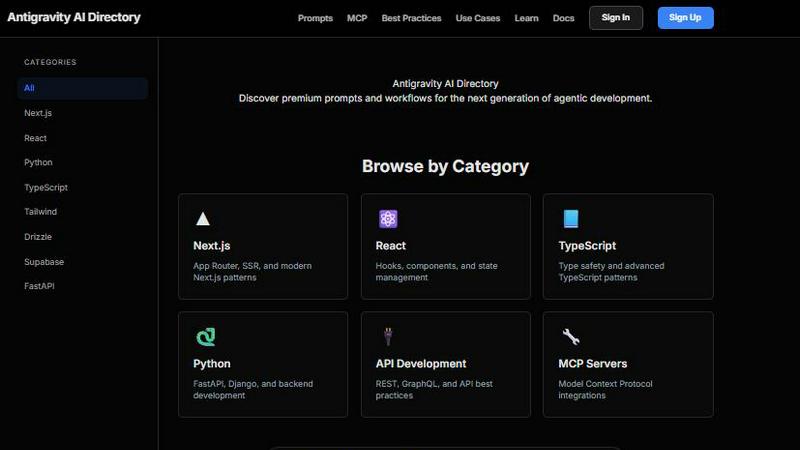 Antigravity AI Directory application interface and features